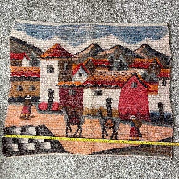Peruvian Folk Art Hand Woven Tapestry Wall Hanging Andes Vintage 35x28 Fiber Art - Picture 8 of 10